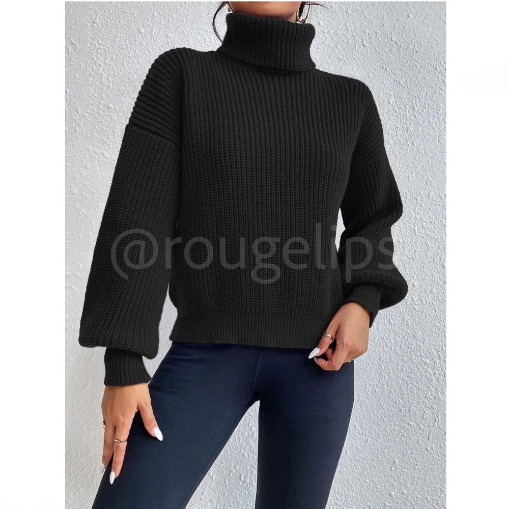 Black Turtleneck Knit Pullover Sweater Long Sleeve - Picture 2 of 8